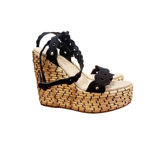 Larroude Florence Broderie Wedge Sandal in Beige and Black Raffia Size 9 - Picture 4 of 11
